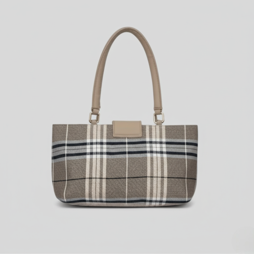 "Classic Plaid Canvas Tote Bag with Leather Straps"