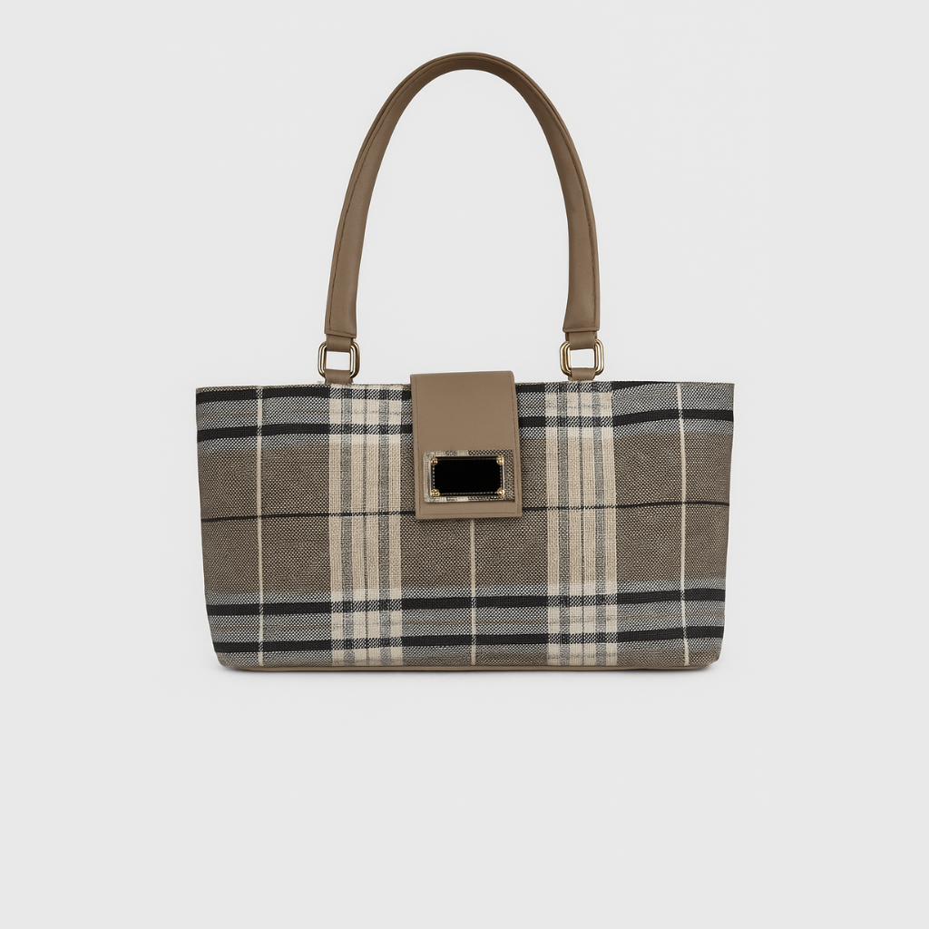 "Classic Plaid Canvas Tote Bag with Leather Straps"