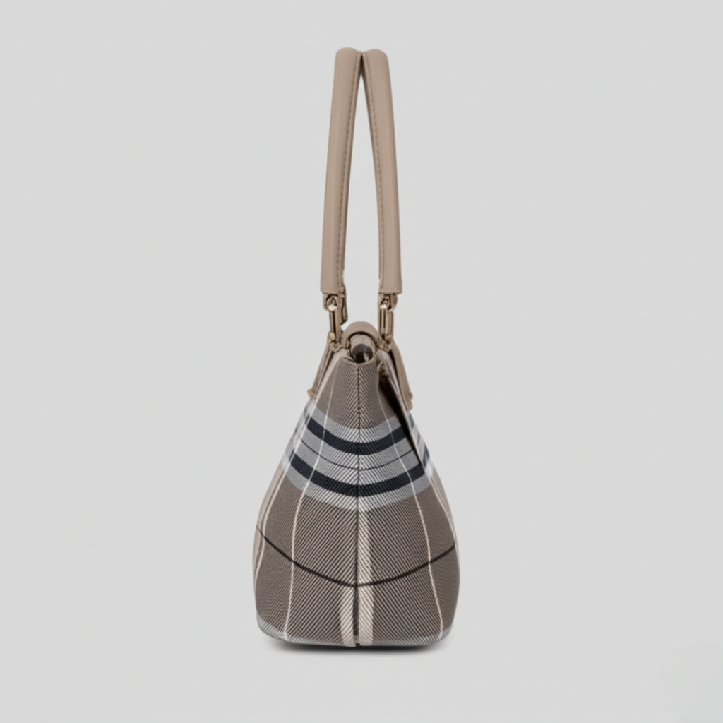 "Classic Plaid Canvas Tote Bag with Leather Straps"