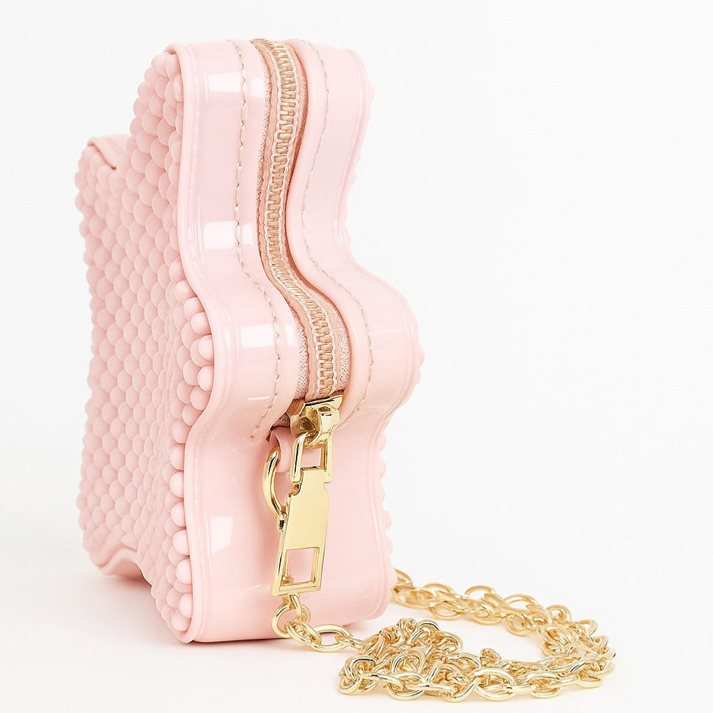 "Bubble Texture Crossbody Bag - Pastel Pink with Golden Chain"