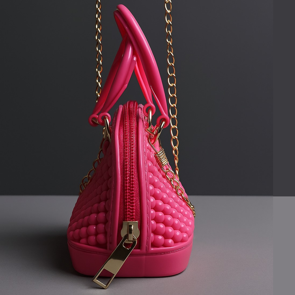 "Bubble-Textured Hot Pink Mini Dome Bag with Golden Chain"