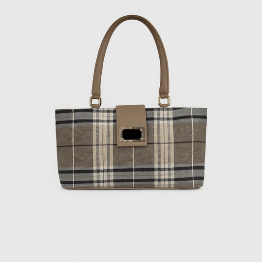 "Classic Plaid Canvas Tote Bag with Leather Straps"