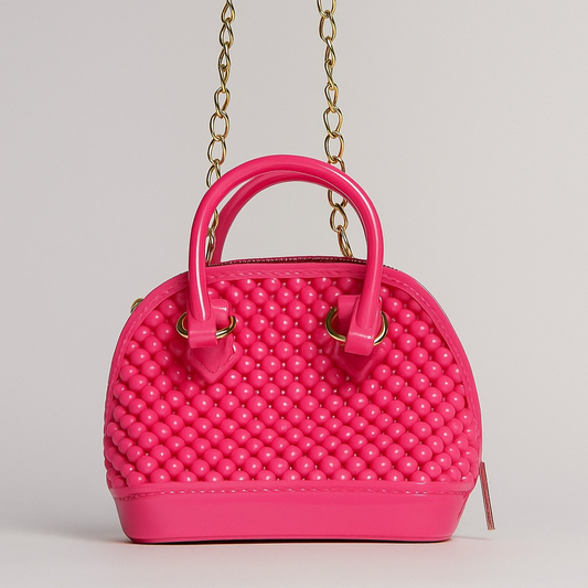 "Bubble-Textured Hot Pink Mini Dome Bag with Golden Chain"