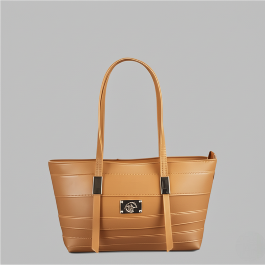 "Tan Textured Tote Bag with Silver Accents"