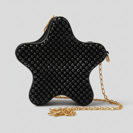 "Starburst Evening Clutch with Gold Chain Strap"