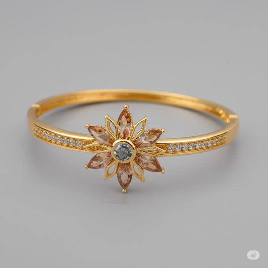 Golden Floral Shape Stone Studded Bangle -Style Bracelet